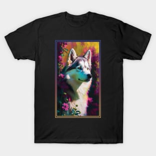 Husky Dog Vibrant Tropical Flower Tall Digital Oil Painting Portrait T-Shirt